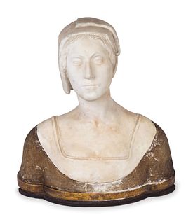An Italian Carved Marble and Incised Wood Bust of a Woman
Height 22 x width 20 x depth 12 inches.