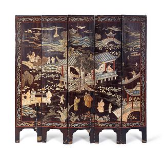 A Chinese Coromandel Five-Panel Screen
Height 68 x width of each panel 14 inches.