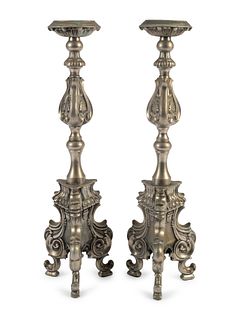 A Pair of Italian Renaissance Style Silvered Brass Pricketsticks
Height 26 x width 9 inches.