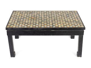 A Contemporary Abalone-Inlaid Low Table
Height 17 x length 36 x depth 22 inches.