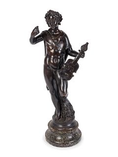 A Continental Patinated Bronze Figure of a Satyr Violinist
Hegiht overall 23 1/2 x with 9 inches.