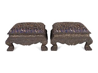 A Pair of Indian Silver Plate-Sheathed Footstools
Height 11 x length 20 x depth 20 inches.