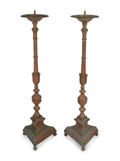 A Large Pair of Italian Baroque Style Brass Pricketsticks
Height 42 x width 8 inches.