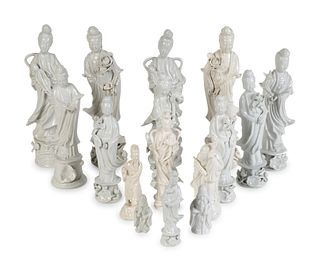Sixteen Chinese Blanc de Chine Porcelain Figures
Heights 2 5/8 to 12 inches.