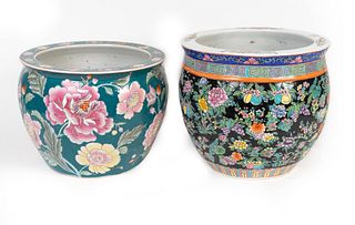 Two Chinese Porcelain Jardinieres
Height 10 and 11 1/2 inches; diameters 12 1/2 inches. 