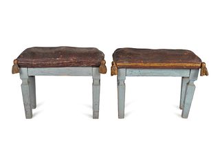A Pair of Italian Red and Blue Painted Stools
Height 16 x length 20 x depth 9 inches.