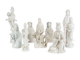 Nine Chinese Blanc de Chine Porcelain Figures of Guanyin
Heights 8 to 13 ½ inches.