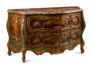 A Venetian Painted Marble-Top Commode
Height 35 x width 59 x depth 24 1/2 inches.
