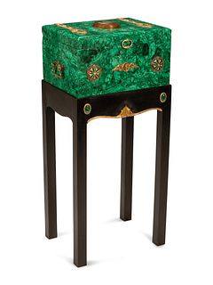 A Continental Jeweled Malachite Table Casket on Stand
Height overall 35 1/2 x width 16 x depth 12 inches.