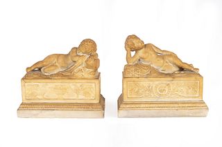 A Pair of Marble Models of Sleeping Cherubs on Plinths
Height 10 x width 11 x depth 5 1/2 inches.