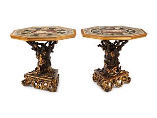 A Pair of Italian Grotto Style Painted and Parcel Gilt Tables
Height 33 x diameter of top 40 inches.