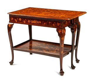 A Dutch Marquetry Slide-Opening Work Table
Height 28 1/2 x width 35 1/2 x depth 21 1/2 inches.