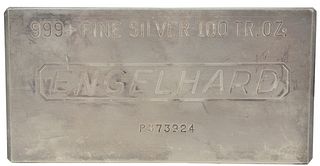 100 troy oz. Engelhard Silver Bar, marked 999 fine silver, 100 troy ounces.