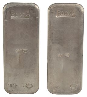 200 troy oz. Pure Silver, consisting of two 100 troy ounce bars, marked Bache.