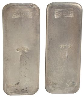 200 troy oz. Pure Silver, consisting of two 100 troy ounce bars, marked Bache.