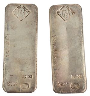 100 troy oz. Pure Silver, consisting of two 50 troy ounce bars, marked Johnson Matthew.