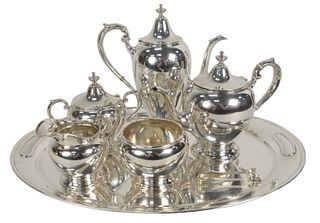 Six Piece Sterling Silver Gorham Tea and Coffee Set in Puritan pattern, with tray, tray 20 inches, 100 t.oz.
