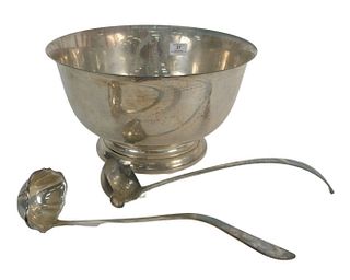 Three Piece Group of Sterling Silver to include a large Gorham Revere style sterling bowl, height 7 5/8 inches, diameter 14 inches; along with a pair 