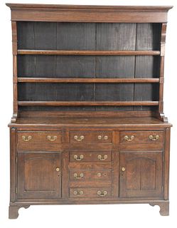 Oak Welsh Cupboard, having open top over cabinet base with drawers and doors, 18th - 19th century, height 82 inches, top 19" x 63".