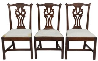 Chippendale Mahogany Side Chairs, set of three with pierced carved splat over slip seats on molded edge front legs and H-stretchers, (one chip to corn
