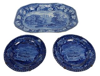 Three Piece Blue and White Staffordshire Group to include platter depicting Brancepeth Castle, Durham, length 19 inches; along with two Union Line pla