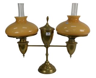 Bradley and Hubbard Double Brass Student Lamp having carmel glass shades, height 24 inches, width 27 inches.