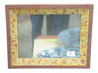 Folk Art Wood Framed Mirror having painted flowers and leaf decoration with red border, 15 1/2" x 12 1/4".