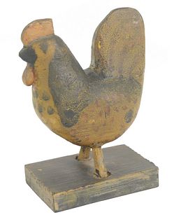 Small Folk Art Chicken carved wood painted yellow, brown, and black, height 5 3/4 inches.