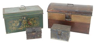 Four Painted Tole Boxes to include large dome top with painted flower on sides, a green box having stenciled flowers, along with two small boxes, larg