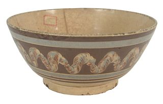 Large Mocha Footed Bowl brown and blue with earthworm decoration, chips to foot, (top with 4 inch crack), diameter 11 inches. Provenance: From a Newpo