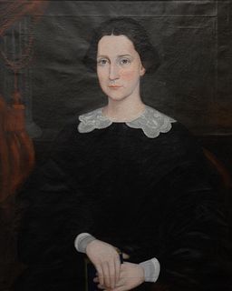 Calvin Balis (American, 1817 - 1863), portrait of a Ms. Wells, oil on canvas, signed, titled, and dated indistinctly on the reverse "Ms. Wells 18[5/3]