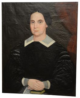 American School (19th century), oil on canvas, folk art portrait of a seated woman with a blue and white collar and a book on her lap, unsigned, 32" x