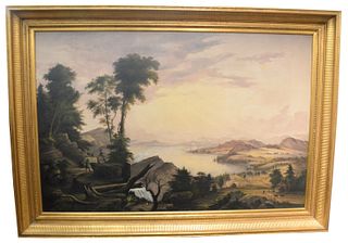 American School (19th century) Hudson River Valley Landscape, with Native Indians looking onto a distant village town with train and steam ships, oil 