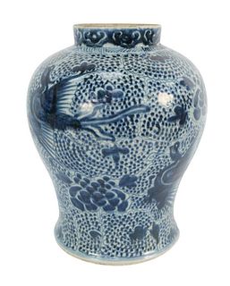 Chinese Blue and White Vase with flying phoenix birds, probably 19th century or earlier, height 13 inches. Provenance: From a Newport, Rhode Island hi