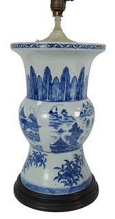 Chinese Blue and White Porcelain Vase made into a table lamp, vase height 13 inches. Provenance: From a Newport, Rhode Island historic home, in the sa
