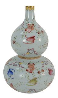 Chinese Famille Rose Vase in double gourd form, marked with spurious 6 Yongsheng characters to the underside, height 12 1/4 inches.