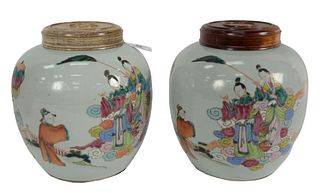 Pair of Covered Chinese Famille Rose Ginger jars, with parading boys, height 9 inches. Provenance: Collection from Mr. and Mrs. Fowler, West Hartford,