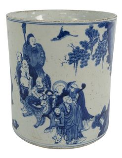 Chinese Blue and White Brush Pot having painted figures and scholars, height 8 3/4 inches, diameter 7 3/4 inches.