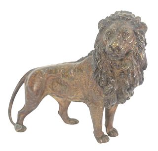 Bergman Geschutzt Bronze Lion, cold painted standing male, marked Bergman Geschutzt, height 8 3/4 inches, length 10 inches.