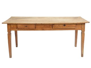 Country French Fruitwood Farm Table having two drawers on tapered legs, height 29 inches, width 28 inches, top 28" x 65". Provenance: The Estate of Di