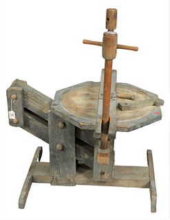 Large Primitive Wood Wine Press, in blue paint with scissor mechanism, 19th century, height 29 inches, width 23 1/2 inches, depth 32 inches.