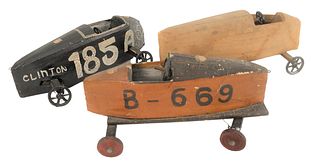 Three Canvas American Soap Box Derby Car Models, having handmade wood frames wrapped in painted canvas with wood or metal wheels, 1930's and 1940's, h