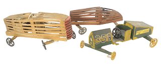 Three American Soap Box Derby Car Models, having wood frames with metal wheels, 1930's or 1940's, one hand painted gold and red, height 7 inches, leng