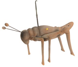 Carved Folk Art Grasshopper Weathervane, having carved and weathered wood body and metal lighting rod, early to mid 20th century, height 25 inches, wi