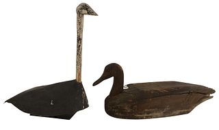 Two Carved Decoys to include carved wooden Canada goose decoy in brown paint, height 10 1/2 inches, length 28 inches, depth 8 inches; along with a pai