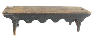 Primitive Wood Mini Bench in old green/blue paint, height 7 1/4 inches, top 6 3/4" x 26".
