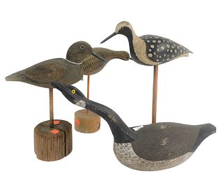 Four Carved and Painted Bird Decoys, goose decoy stamped "White"; Harris Old Saybrook Shorebird; along with two other shore birds, unsigned, tallest 1