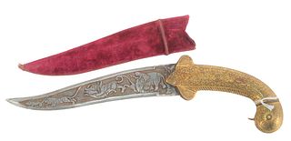 Indian Dagger having gold inlaid hilt blade carved with animals and figures having velvet covered wooden scabbard, blade 8 inches, total length 12 1/2