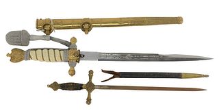 Three Piece Group to include Imperial Kriegsmarine dagger, a nickel plated steel blade marked Carl Eickhorn, along with a small sword and a brass shea