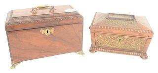 Two Regency Boxes to include rosewood with brass inlay sewing box with yellow silk interior, height 5 inches, length 9 inches, along with a mahogany t